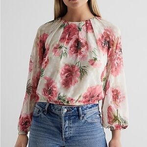 Express Pink Floral Gathered Neck Balloon Sleeve Top Clip Dot Lined Sz Large